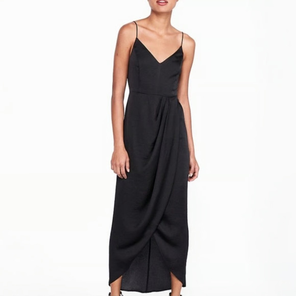 NEW Express Black Sleek Goth Faux Wrap Maxi Length Dress Size 2 Grecian - Picture 1 of 9